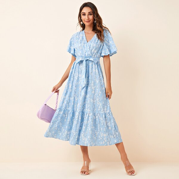 

Ditsy Floral Surplice Front Belted Dress, Baby blue