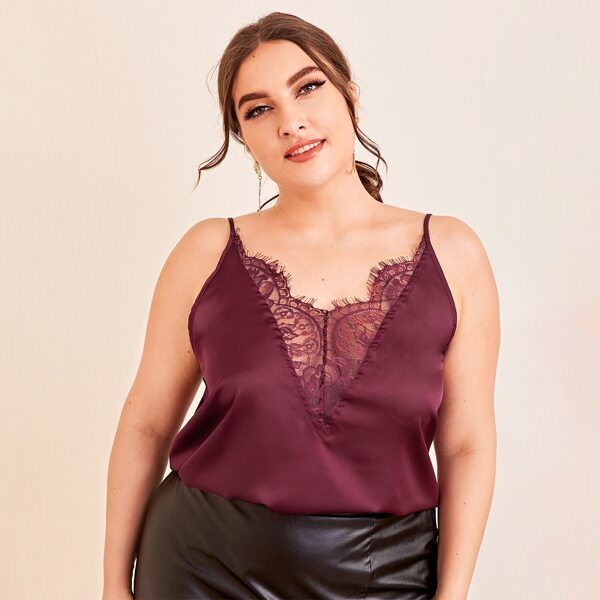 

Plus Eyelash Lace Trim Satin Cami Top, Maroon