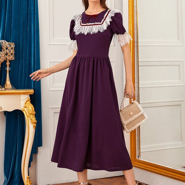 

Contrast Lace Detail Ruffle Cuff Dress, Purple