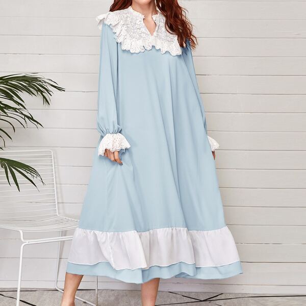 

Flounce Sleeve Lace Yoke Schiffy Ruffle Trim Nightdress, Pastel baby blue