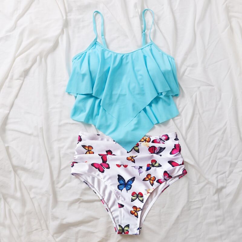 

Butterfly Print Hanky Hem Bikini Swimsuit, Multicolor