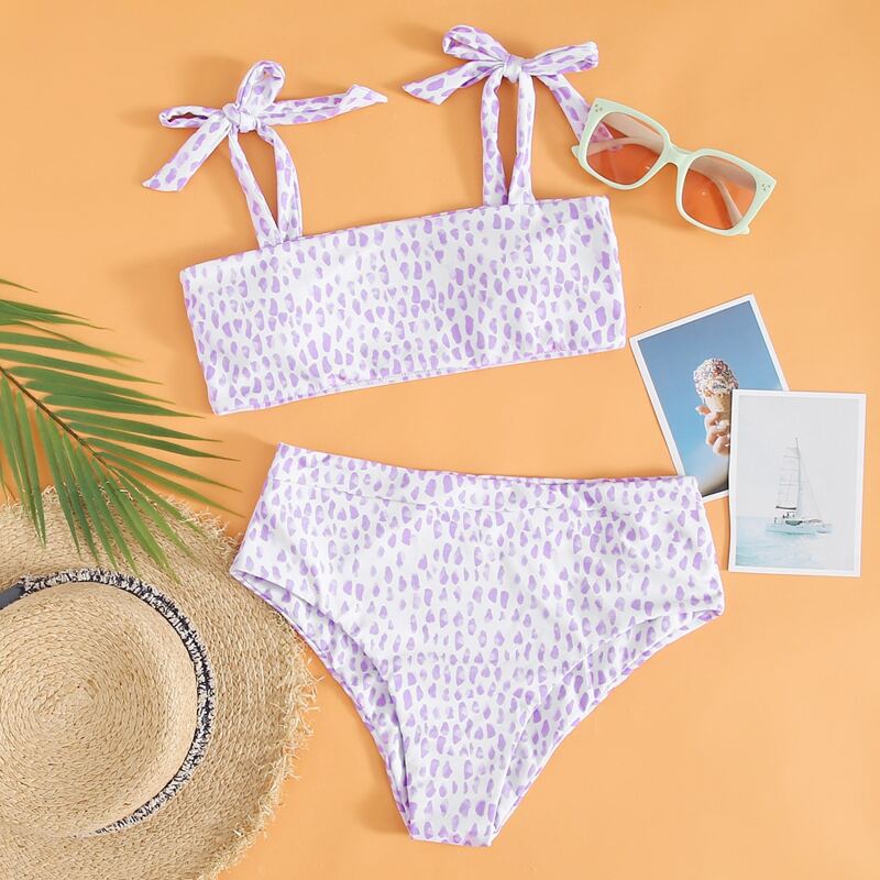 

Allover Print Tie Shoulder Bikini Swimsuit, Pastel lilac purple