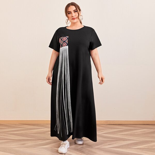 

Plus Tribal Patched Fringe Tee Dress, Black