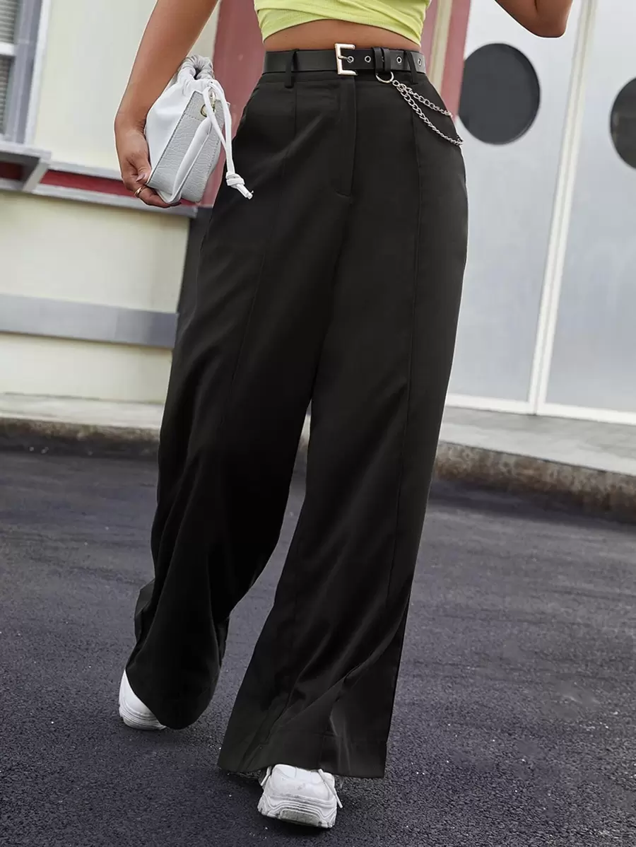 High Waist Wide Leg Trousers Without Belt - Black - View 1
