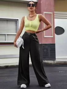 High Waist Wide Leg Trousers Without Belt - Black - View 3