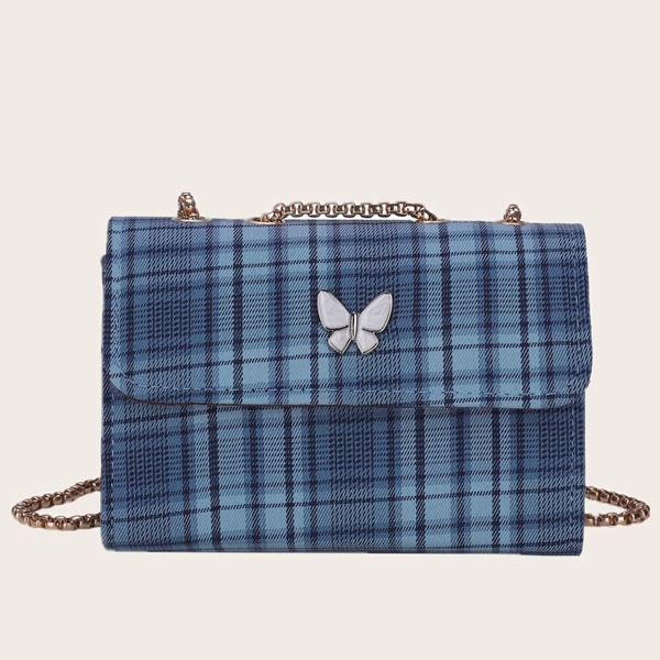 

Metal Butterfly Decor Plaid Graphic Crossbody Bag, Blue