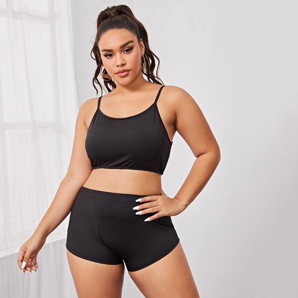 

Plus Solid Cami Top With Sport Shorts, Black