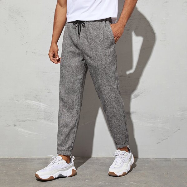 

Men Drawstring Waist Linen Look Pants, Grey