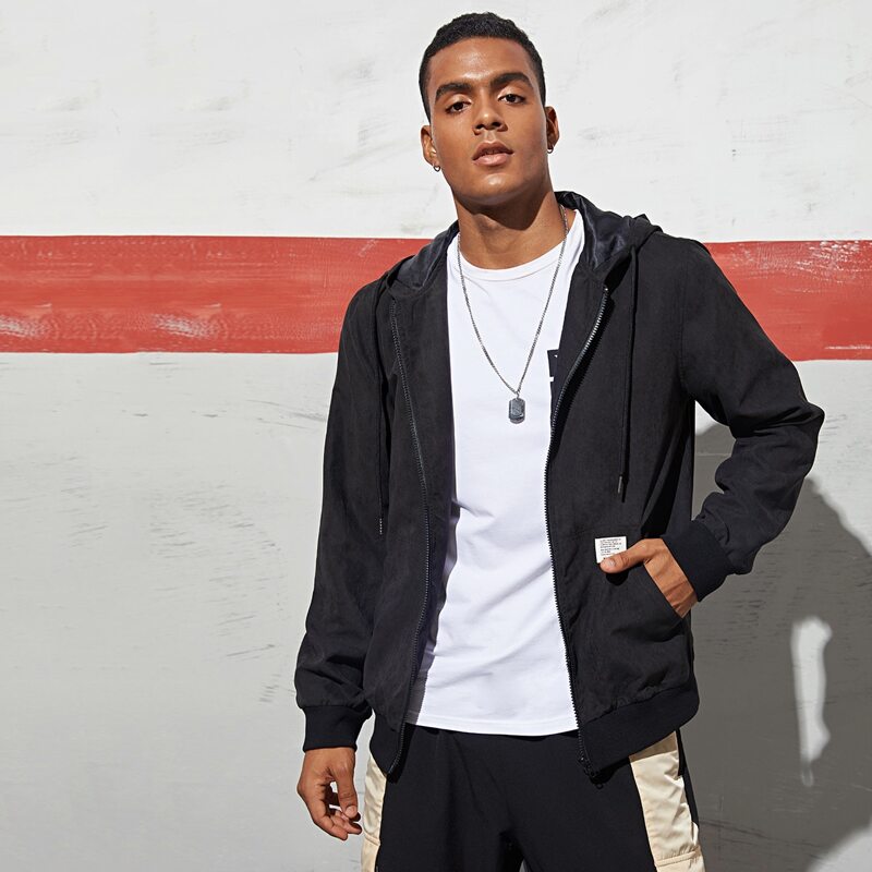 

Guys Patched Detail Hooded Jacket, Black