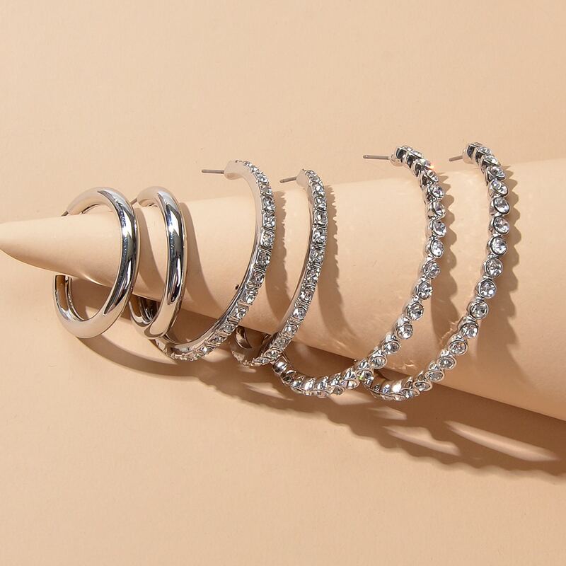 

3pairs Rhinestone Inlaid Metal Hoop Earrings, Silver
