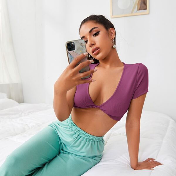 

Ribbed Plunging Twist-Front Crop Top, Purple