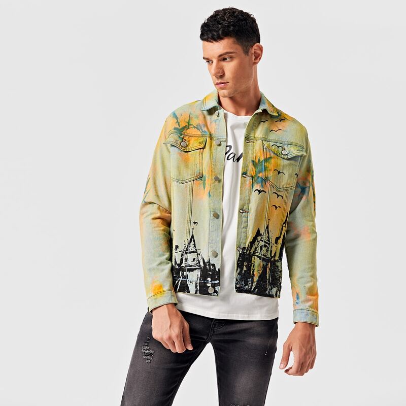 

Guys Tropical & Tie Dye Print Denim Jacket, Multicolor