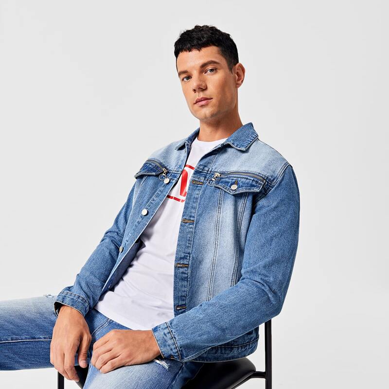 

Guys Zip Detail Washed Denim Jacket, Medium wash