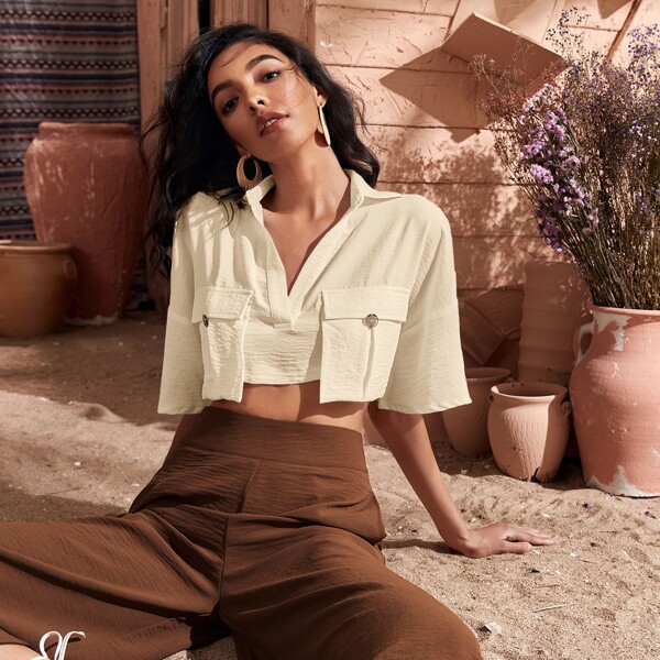 

Drop Shoulder Flap Pocket Crop Top, Beige