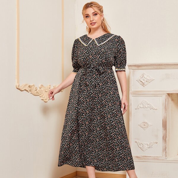 

Plus Puff Sleeve Ditsy Floral Belted Dress, Black
