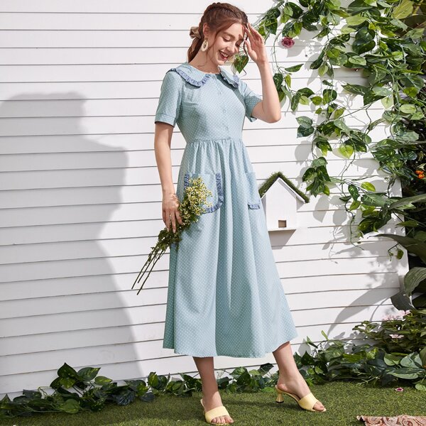 

Polka Dot Frill Trim Shirt Dress, Baby blue