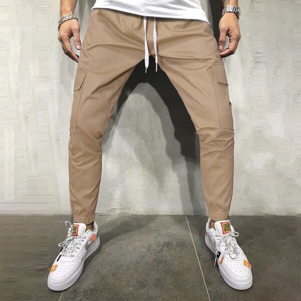 

Men Flap Pocket Drawstring Cargo Pants, Khaki
