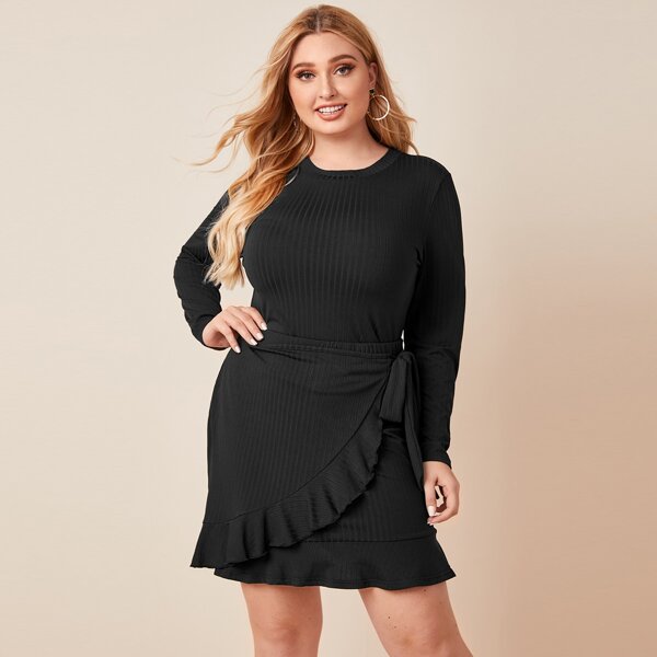 

Plus Solid Tee & Ruffle Trim Wrap Skirt, Black
