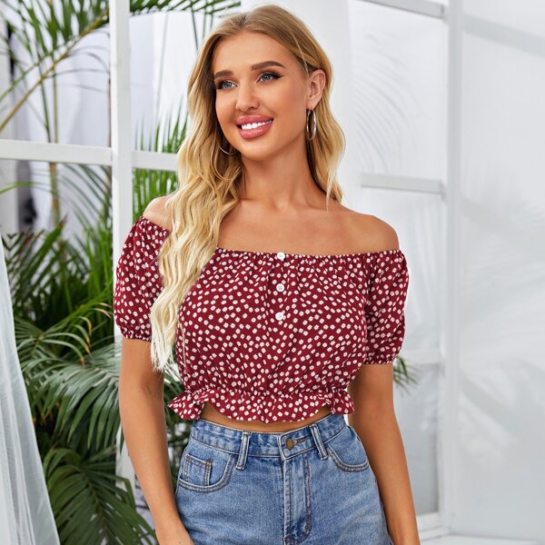 

Ditsy Floral Ruffle Hem Chiffon Crop Bardot Blouse, Red and white