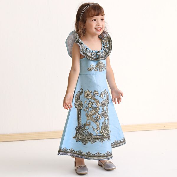 

Toddler Girls Baroque Print Ruffle Trim Dress, Mint blue
