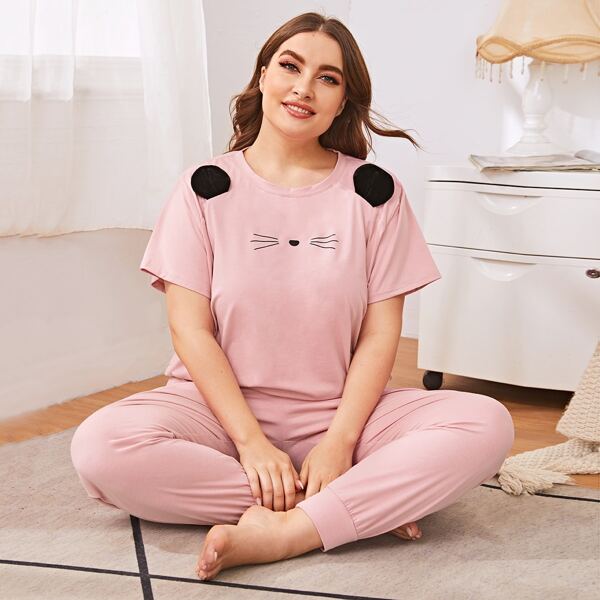 

Plus Cartoon Patched Tee With Pants PJ Set, Baby pink