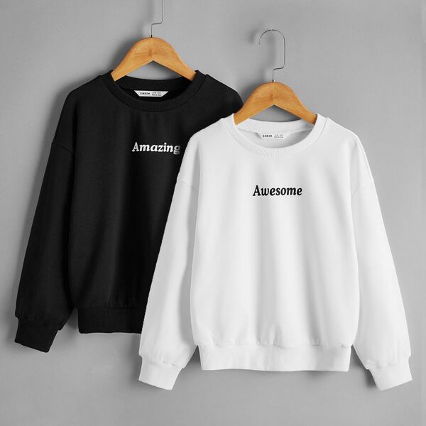 

Girls 2 Pack Letter Graphic Drop Shoulder Pullover, Black and white