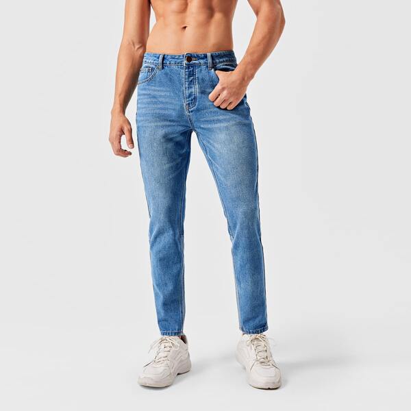 

Men Cut And Sew Straight Leg Jeans, Medium wash