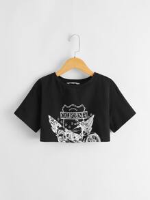 SHEIN Girls Letter and Motorcycle Print Boxy Crop Tee - Black - View 1