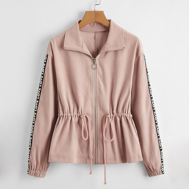 

Letter Tape Drawstring O-ring Zip Jacket, Dusty pink
