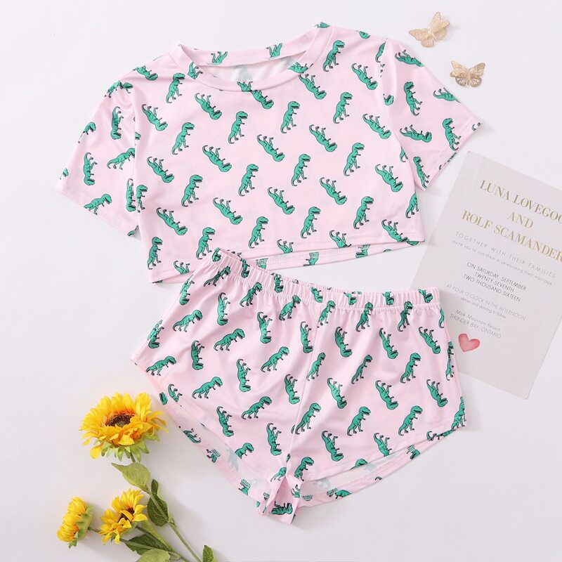 

Allover Cartoon Dinosaur Print Pajama Set, Baby pink