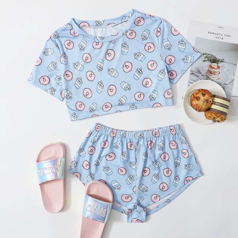 

Donuts And Coffee Print Pajama Set, Baby blue