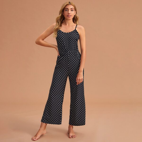 

Polka Dot Wide Leg Cami Night Jumpsuit, Black