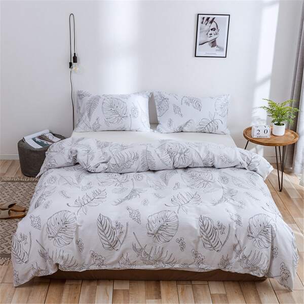 

Leaf Print Bedding Set Without Filler, Light grey