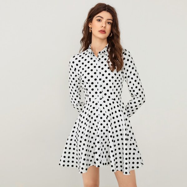 

Polka Dot Fit and Flare Shirt Dress, White