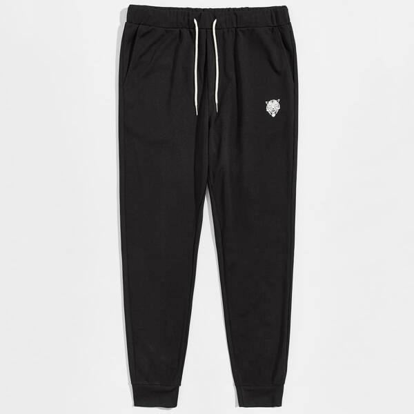 

Men Tiger Print Drawstring Waist Slant Pocket Joggers, Black