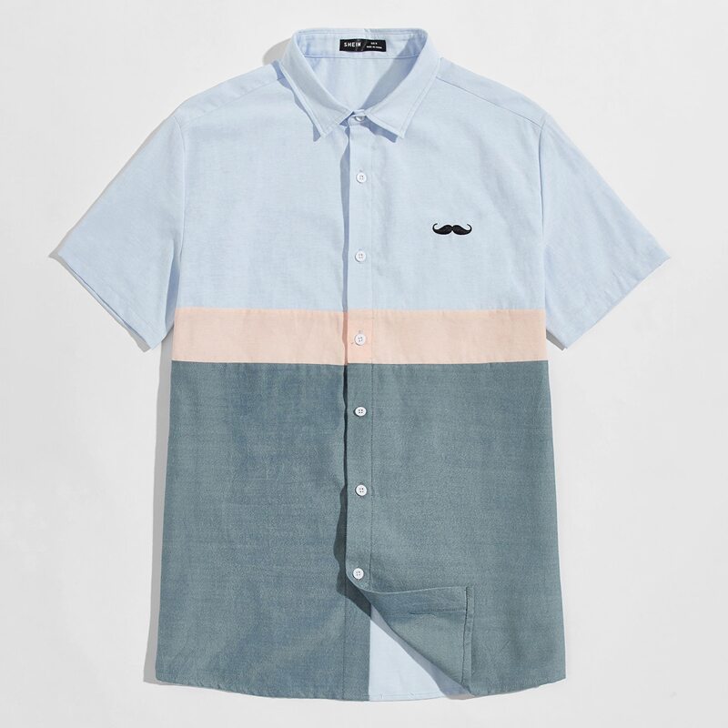

Guys Moustache Embroidered Detail Colorblock Shirt, Multicolor
