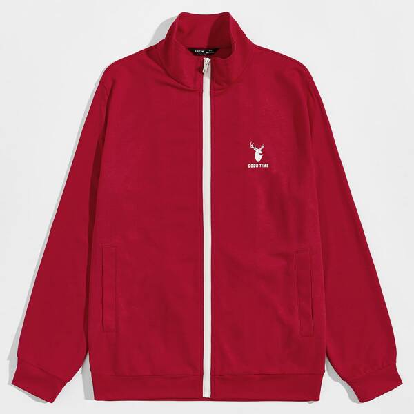 

Men Deer and Letter Print Zip Up Jacket, Burgundy