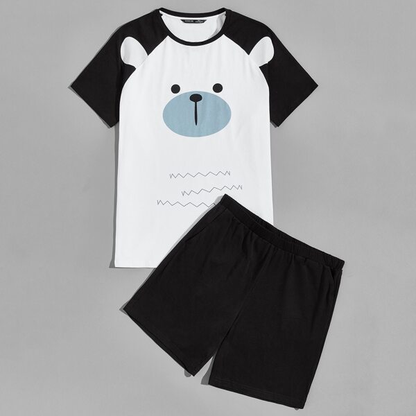 

Men Cartoon Graphic Raglan Sleeve Tee and Shorts PJ Set, Black and white