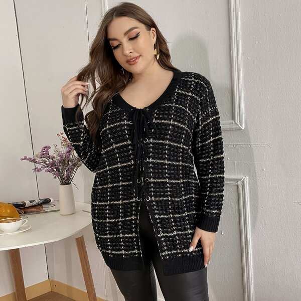 

Plus Lace Up Front Plaid Cardigan, Black