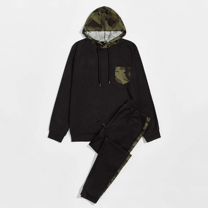 

Guys Camo Panel Pocket Patched Hoodie and Drawstring Waist Joggers Set, Black