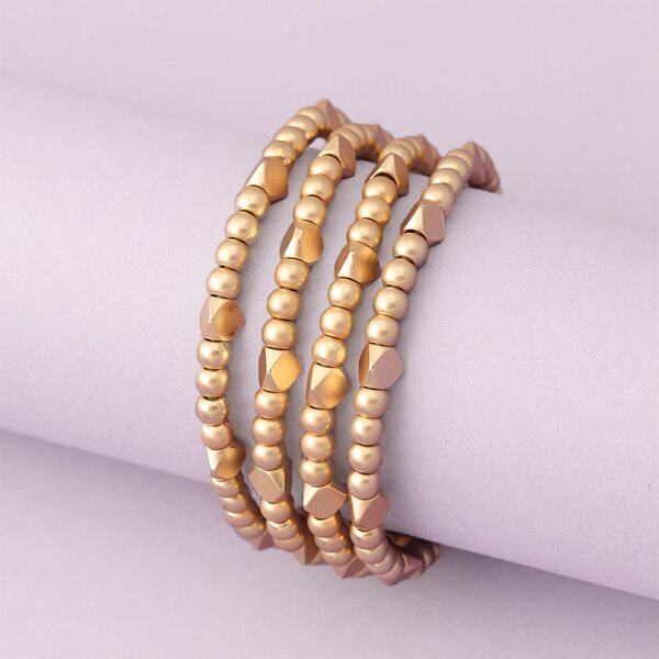 

Connected Four Rows Heavy Beaded Bracelet, Gold