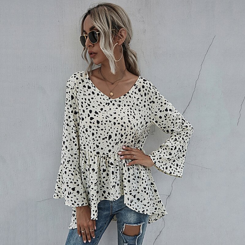 

All Over Print Peplum Blouse, Beige