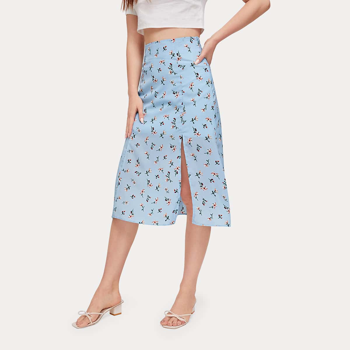 

Floral Split Skirt, Baby blue