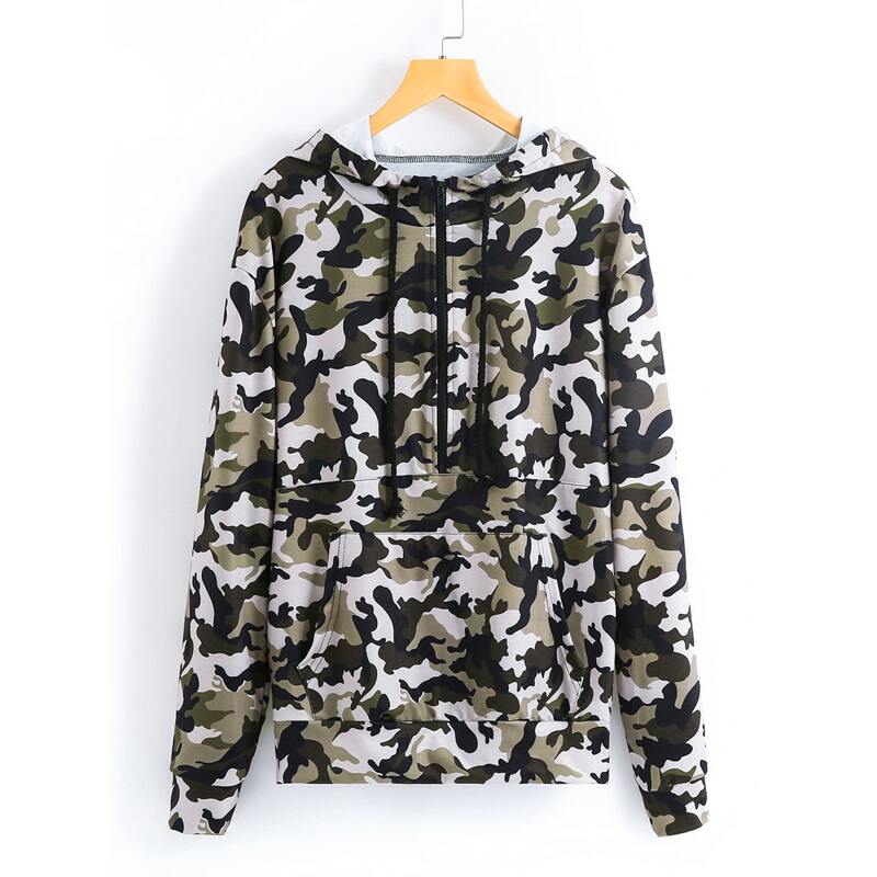 

Camo Print Kangaroo Pocket Half Zip Hoodie, Multicolor