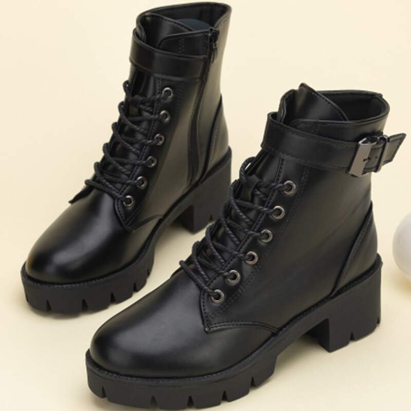 

Buckle Lace-up Lug Sole Boots, Black
