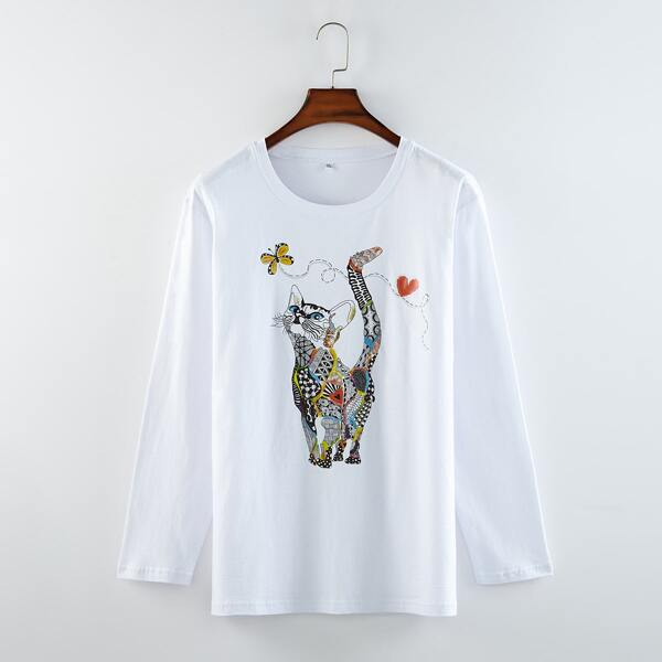 

Plus Cartoon Cat Print Tee, White