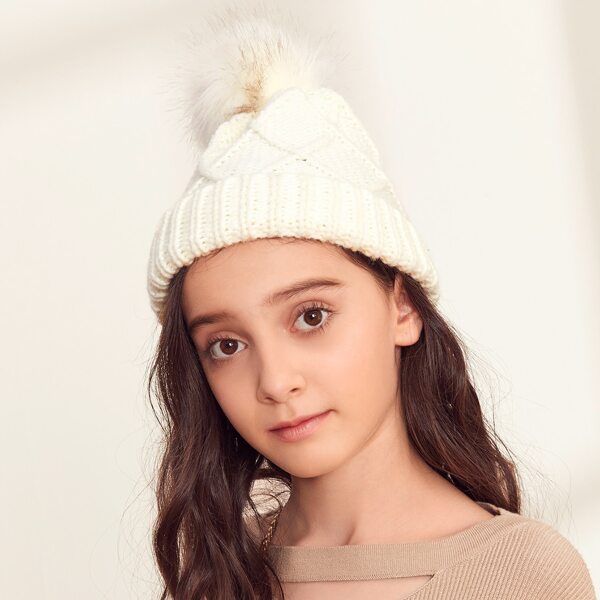 

Toddler Kids Pom Pom Decor Knit Beanie, White