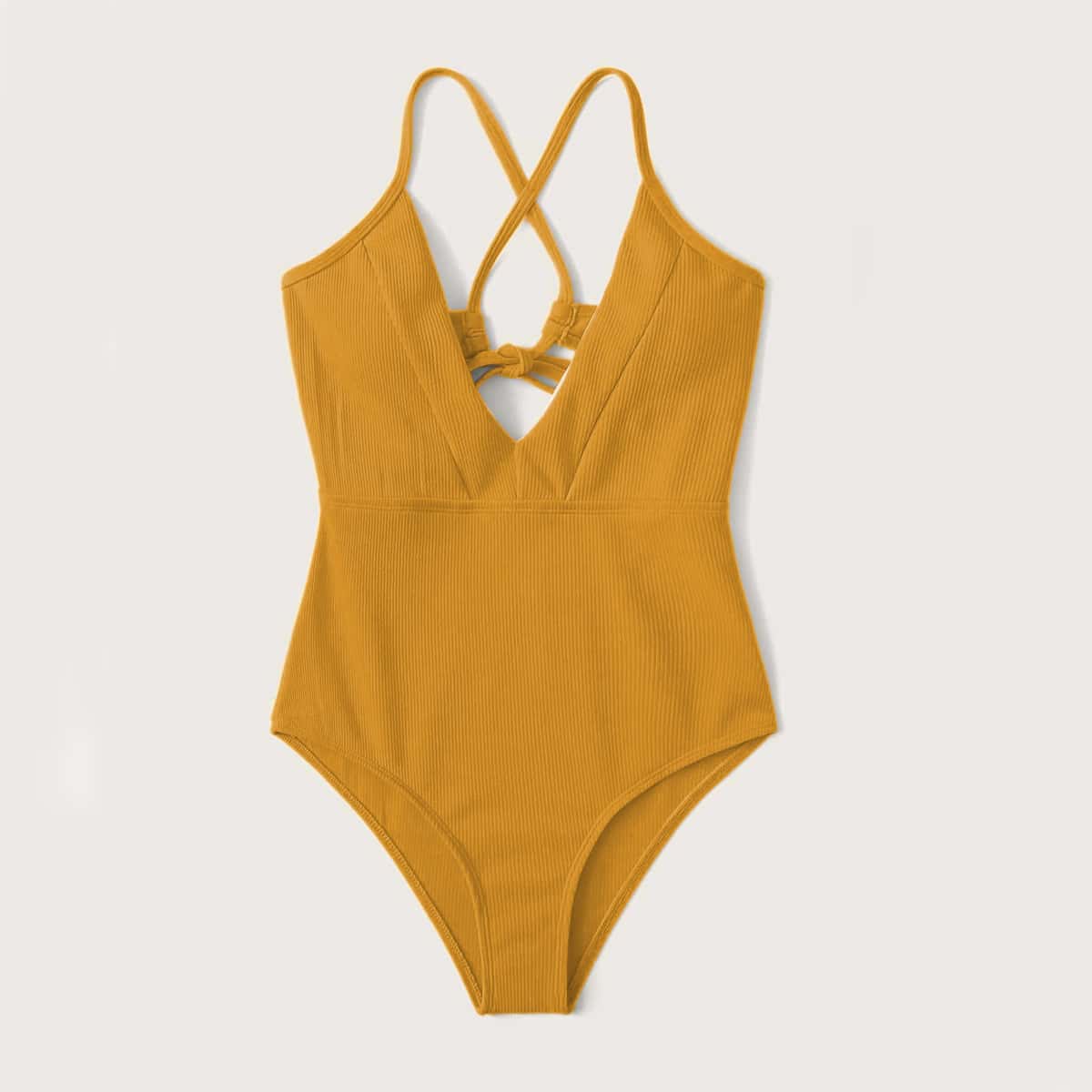 

Rib Tie Back One Piece Swimsuit, Yellow