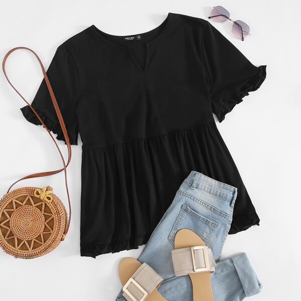 

Plus Notched Neck Ruffle Trim Solid Peplum Top, Black