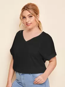 SHEIN Essnce Camiseta unicolor de manga murciélago de puño de doblez - Negro - Ver 1
